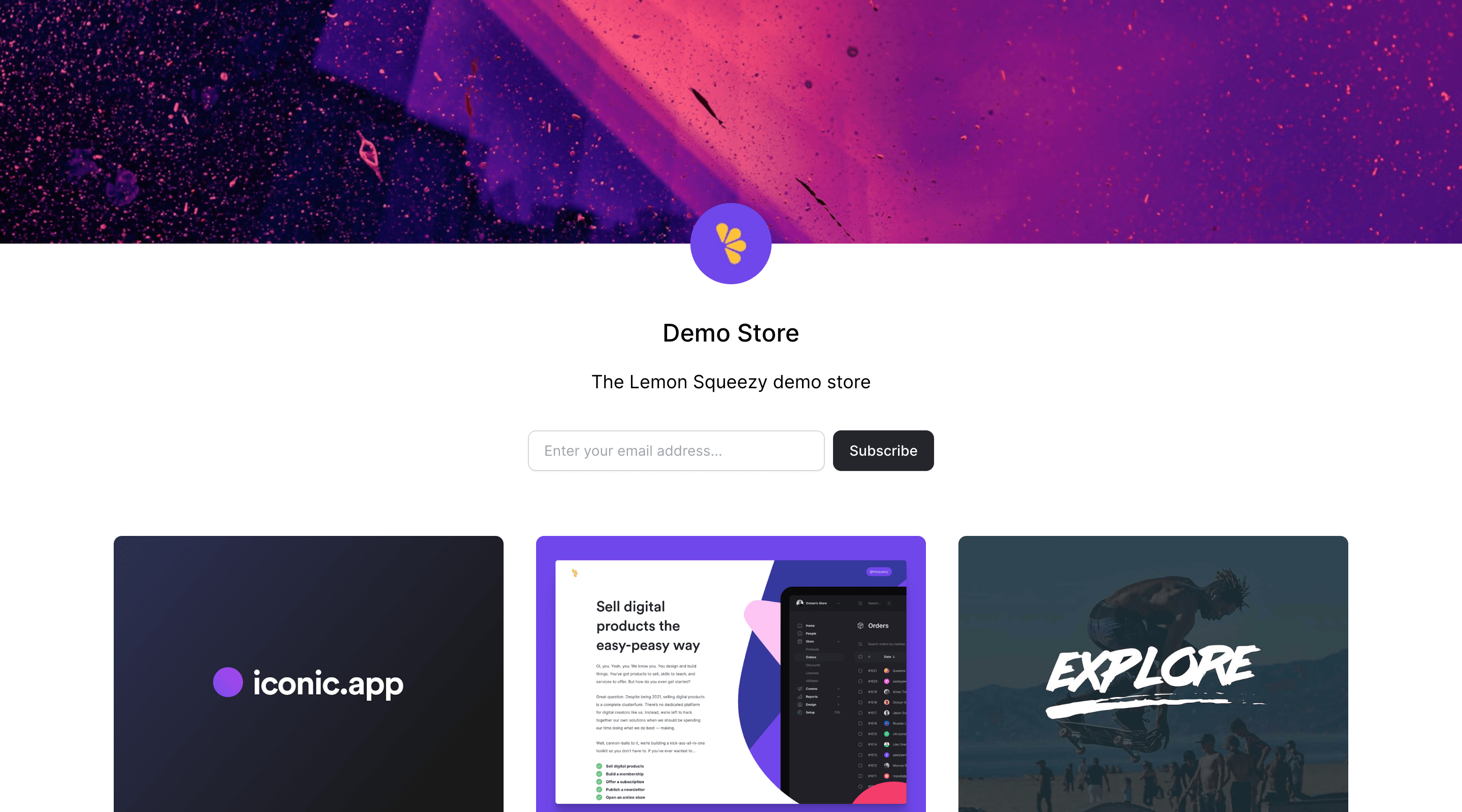 Screenshots of a demo store on Lemon Squeezy. At the top are a header image and store logo. Below the header are the store name and a subtitle. Below the title is an email capture with a subscribe button. Finally, there’s a 3-column grid listing the products.