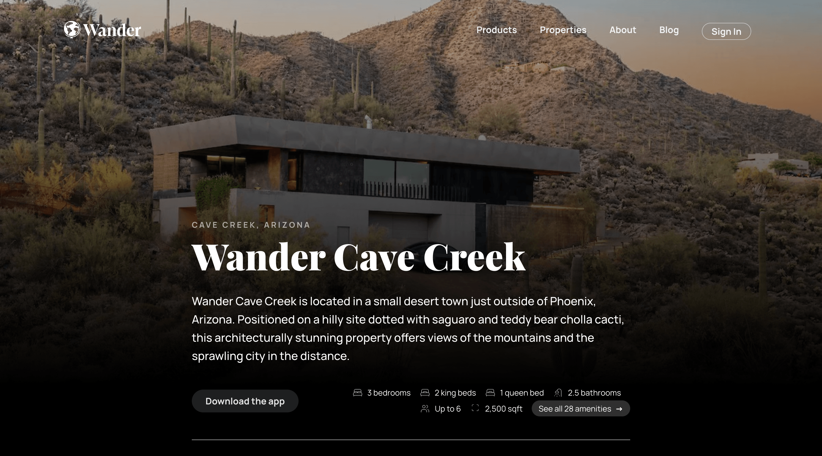 The hero section of an individual Wander listing. The background image is a photo of the listing. A few of the amenities are listed below the property name and description together with a button to download the Wander app.