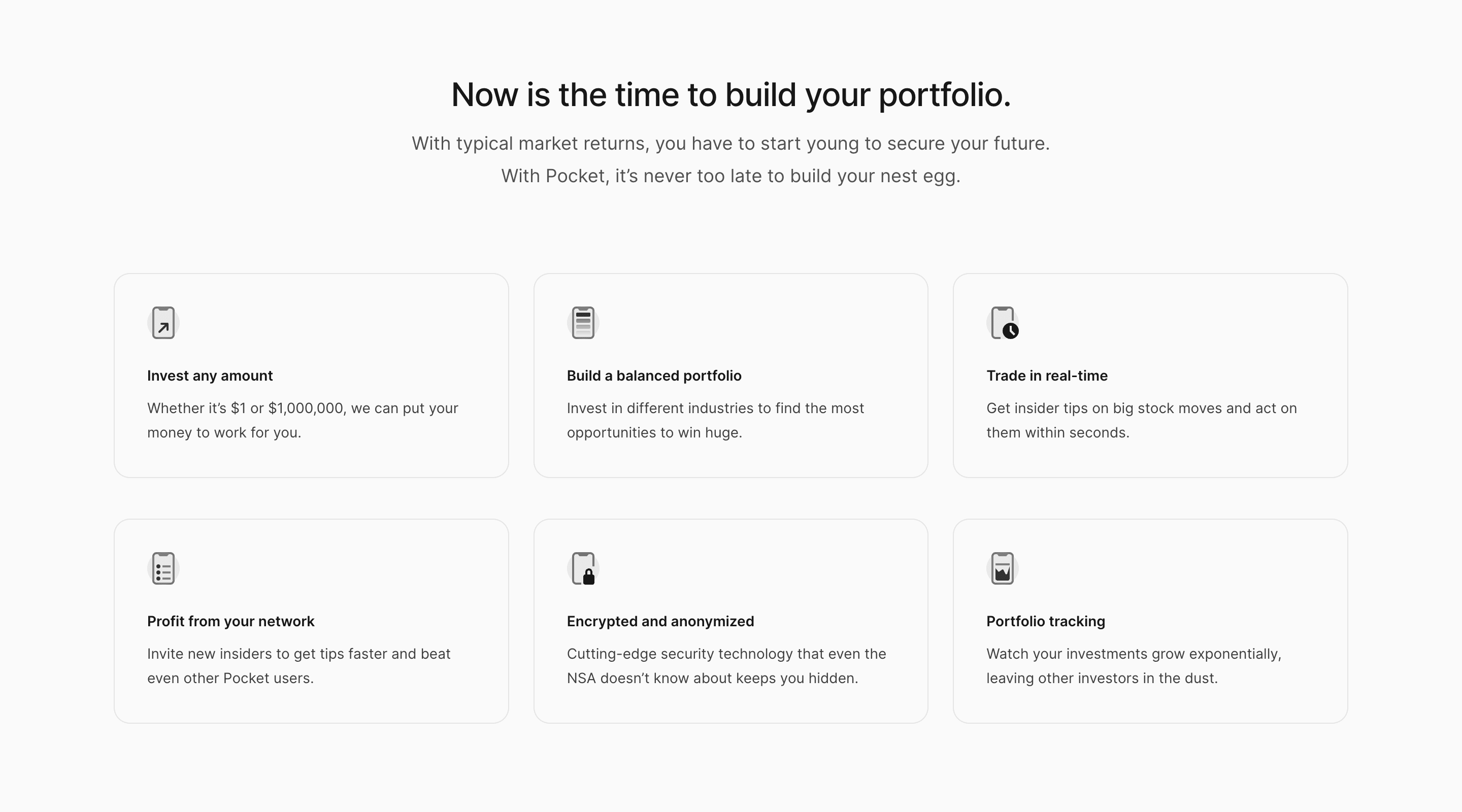 Screenshot of a features section from the Pocket Tailwind UI template. The section has a heading and short introduction paragraph. Then features are listed in a grid layout with three columns and two rows. Each feature has a title, short description, and stylized icon.