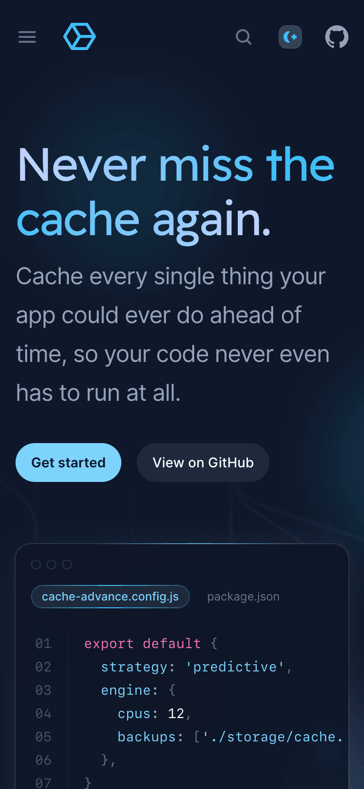 Mobile screenshot of the Syntax Tailwind UI template. The header contains a menu button, the CacheAdvance logo, a search button, a theme toggle button, and a GitHub link. The hero section contains a large heading and smaller introduction paragraph, followed by two call-to-action buttons labelled 'Get started' and 'View on GitHub'. Underneath is a JavaScript code example.